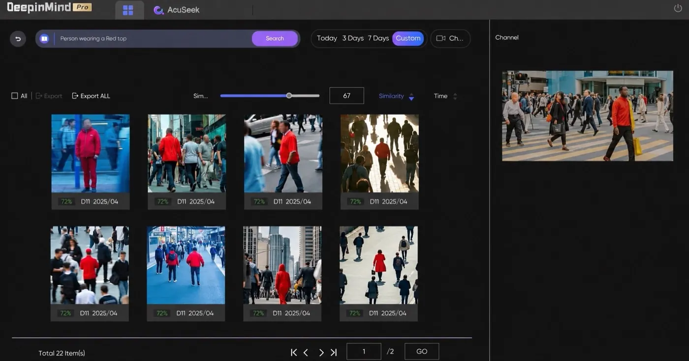 Interface AcuSeek : recherche « personne avec un haut rouge » dans les enregistrements