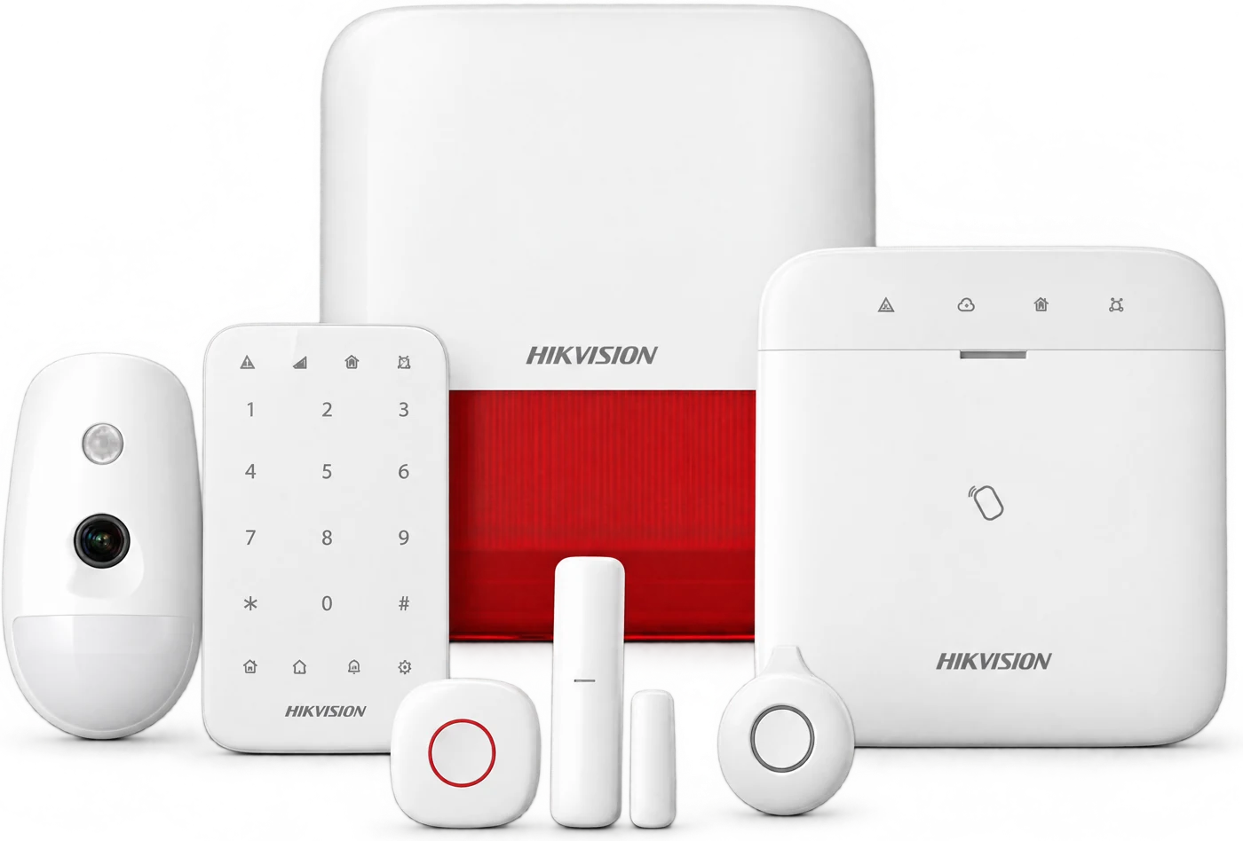 Kit d'alarme sans fil Hikvision AX PRO : sirène extérieure, centrale, clavier, détecteur à caméra, contact de porte, bouton d'urgence et télécommande