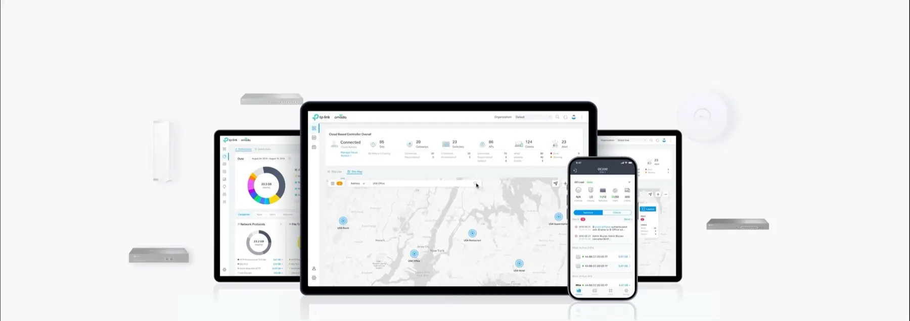 Interface de supervision Omada affichée sur ordinateur portable, tablette et smartphone