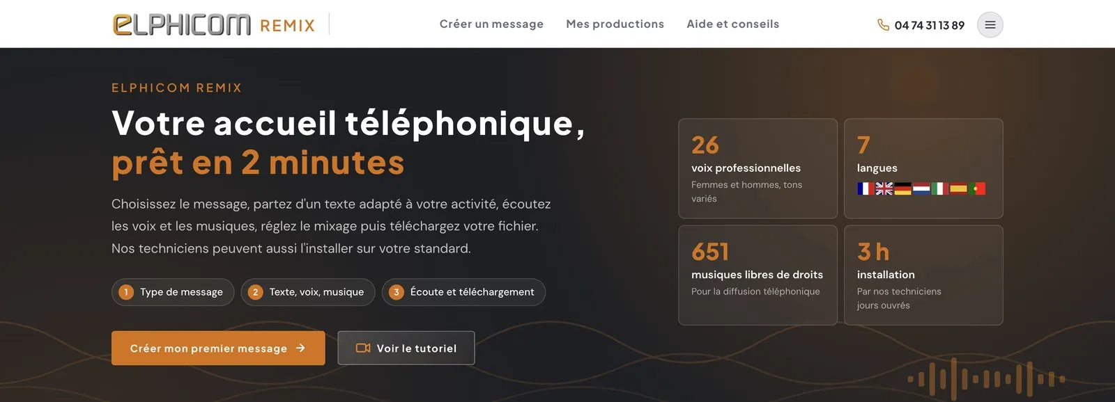 Accueil d'Elphicom Remix : votre accueil téléphonique prêt en 2 minutes, 26 voix, 7 langues, 651 musiques