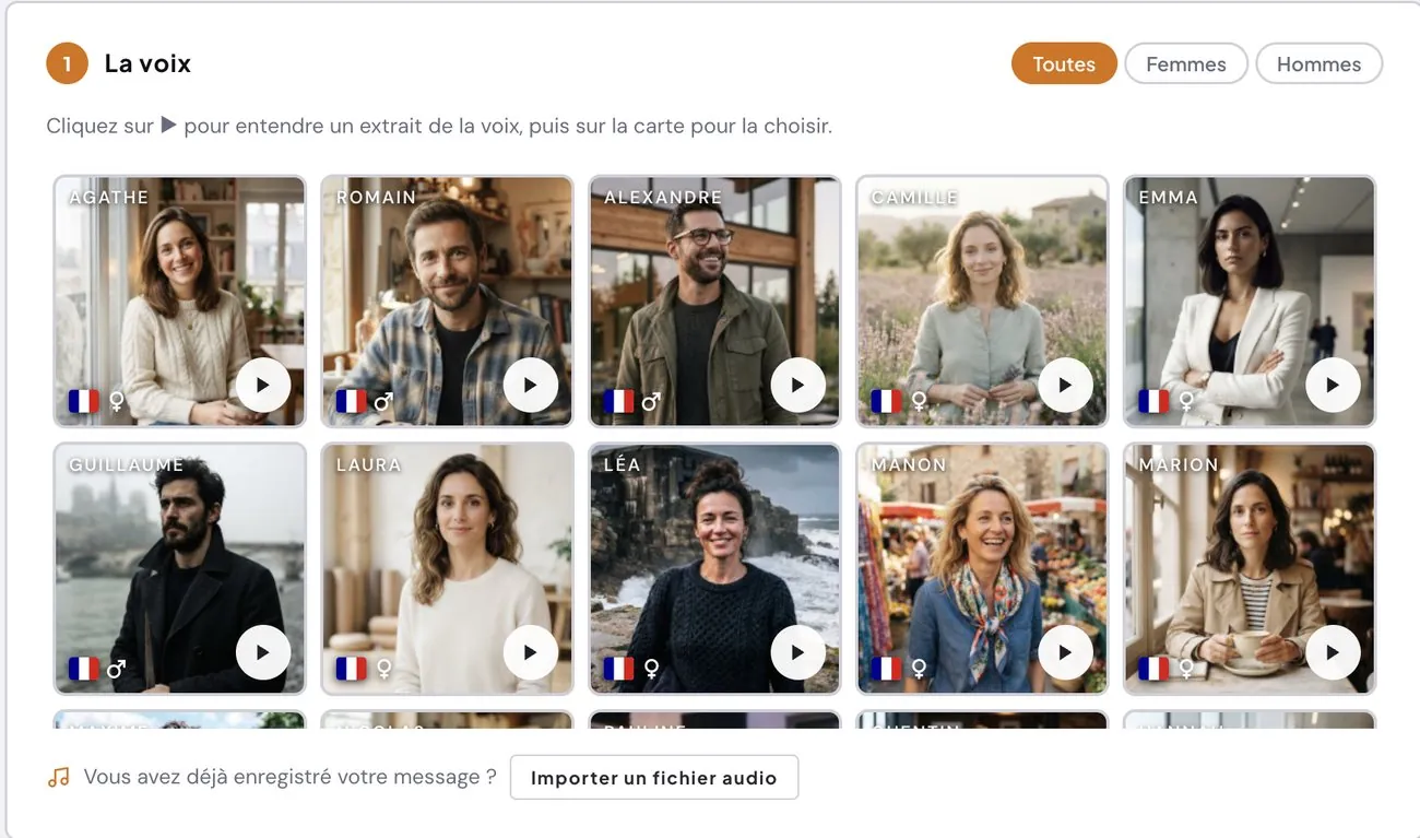 Elphicom Remix, étape 1 : choix de la voix parmi les voix professionnelles, avec écoute d'un extrait